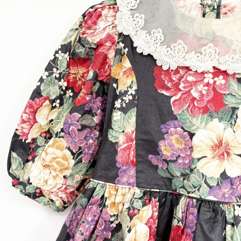 Anne Savoy Girls Vintage Floral Lace Trim Victorian Cottagecore Party Dress 12